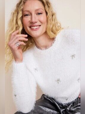 Francesca's Collections White Fuzzy Jeweled Crewneck Sweater